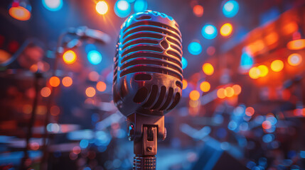A close-up, photorealistic image of a vintage-style microphone on stage, surrounded by colorful...