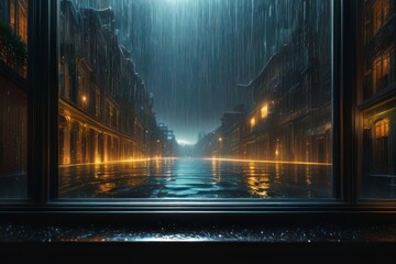 The abstract background evokes the serene atmosphere of a night in the city under the rain, with the shimmering lights reflecting off the rain-streaked window, offering a glimpse into the urban landsc