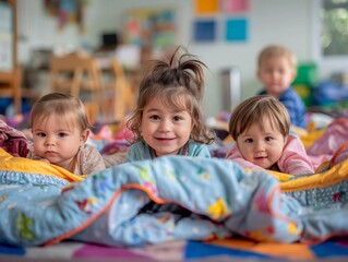 Cute child on bed and blanket in school
