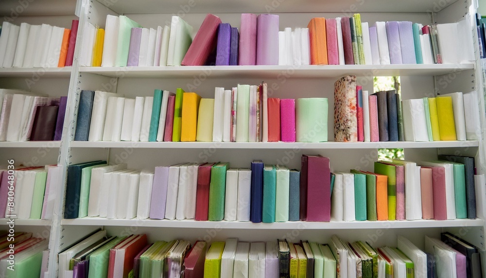 Poster an organized array of colorful book spines fill the shelves in a library setting, presenting a varie