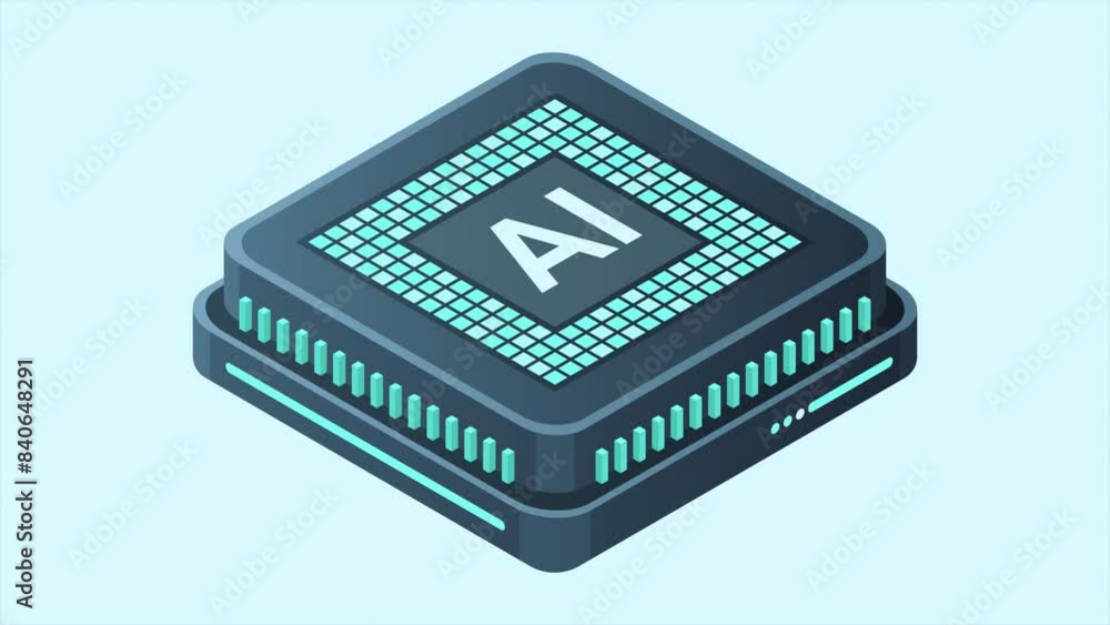 Poster isometric artificial intelligence chip animation. artificial intelligence concept. futuristic microc