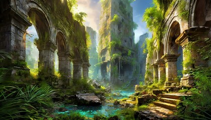 "Create a background of a post-apocalyptic landscape with overgrown vegetation and ancient ruins, inspired by the 'Stone World' setting of Dr. Stone. 