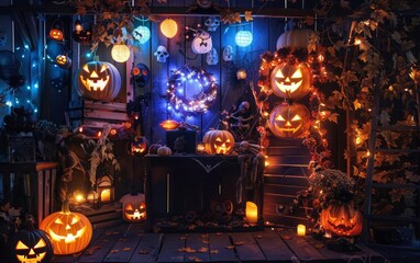 Create a stage for showcasing products with a spooky and festive aesthetic