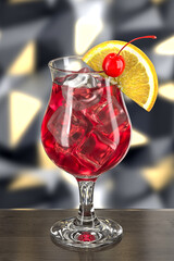 Glass Poco Grande with cocktail on wooden table against wall with spotlights. Bar theme. Dark environment. Drink with orange and cherry. 3d rendering.