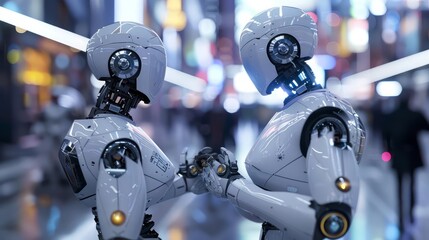 Fototapeta premium D render of crop human and robotic figures in suits connecting in a futuristic setting