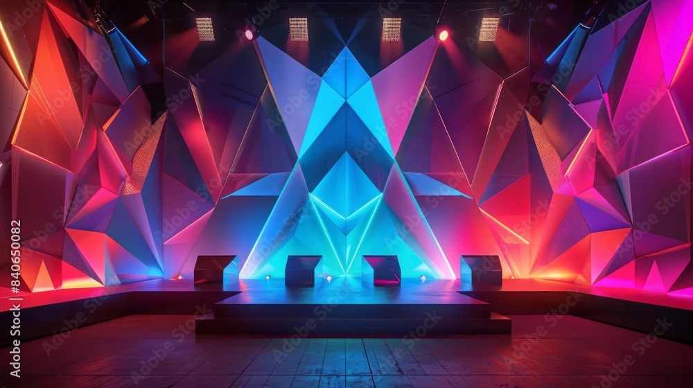 Poster design a sleek and modern 3d abstract backdrop with holographic elements and neon accents for a tech