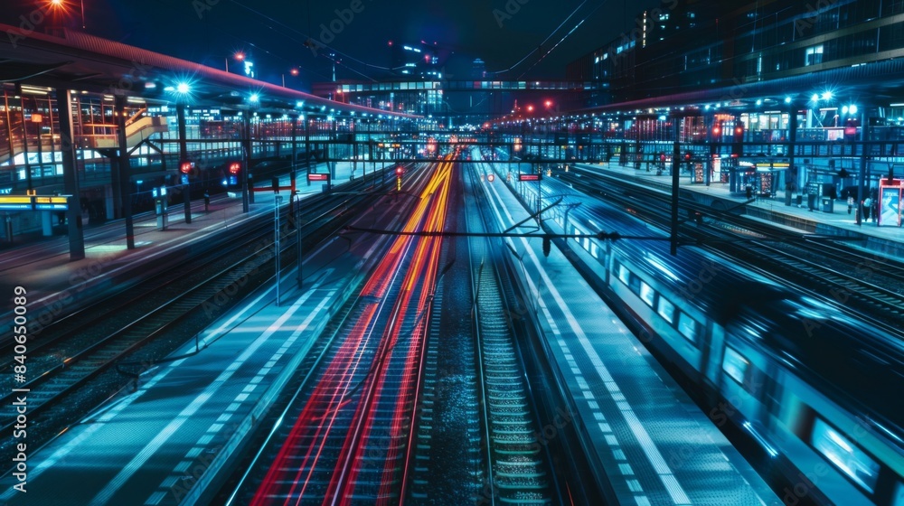 Poster a nighttime scene of a high-speed train station illuminated by bright lights, capturing the hustle a