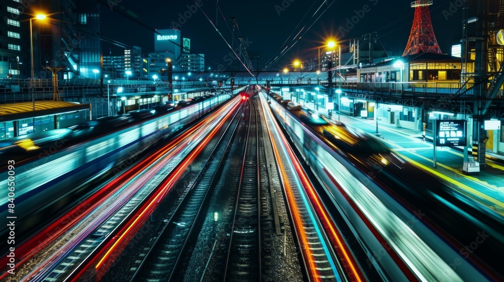 Poster a nighttime scene of a high-speed train station illuminated by bright lights, capturing the hustle a