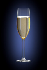Champagne flute glass on accent gradient background. Bar theme. Alcoholic drink. 3d rendering.