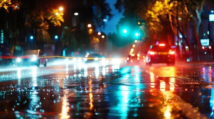Obraz premium A nighttime street scene with headlights of passing cars creating beams of light through rain, capturing the dynamic and vibrant city life