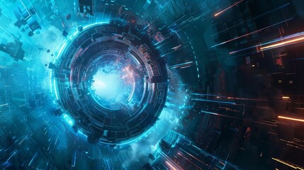 Fototapeta premium Design a visually striking digital artwork featuring a futuristic aesthetic and a blue light ray backdrop