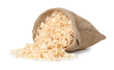 Natural sawdust in burlap sack isolated on white