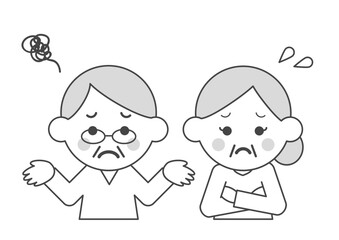 困っているシニアカップルのモノクロイラスト