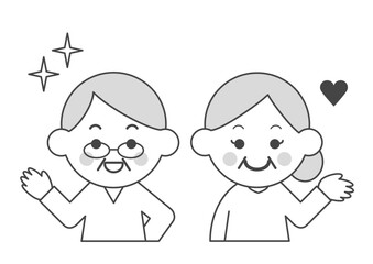 笑顔のシニアカップルのモノクロイラスト