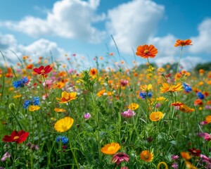 Fototapeta premium A vibrant field of colorful wildflowers in full bloom under a bright blue sky with fluffy white clouds.
