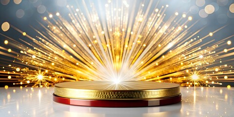 Noble podium for an unforgettable product presentation, luxury background, bright rays of glory, glow, bokeh, stars of success Background for premium product presentation, mockup, and banner