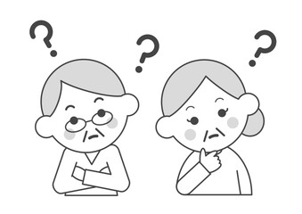 疑問に思うシニアカップルのモノクロイラスト