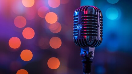 microphone against blurred colorful lights background.