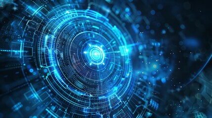 Develop a concept banner that symbolizes the future, technology, and innovation, using a glowing blue disc as the main focal point