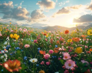 Fototapeta premium Beautiful flower field in full bloom with vibrant colors under a bright sky with scattered clouds and a warm sunrise.