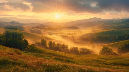 Fototapeta premium Breathtaking sunrise over rolling hills with a stunning landscape of mist, trees, and vibrant colors, capturing nature's beauty and tranquility.