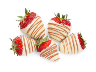 Delicious chocolate covered strawberries isolated on white, top view