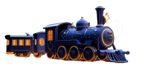 A whimsical, luminous train travels under a starry night sky, capturing a magical and nostalgic atmosphere.