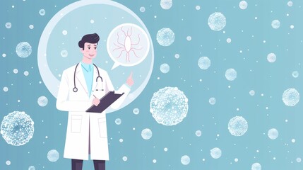 Middle-Aged Male Doctor with Clipboard and wearing white Lab Coat and Microscopic Cells Background.