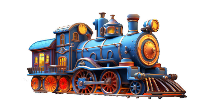 A beautifully illustrated vintage steam engine train adorned with vibrant colors and glowing windows, traveling through a snowy night landscape.