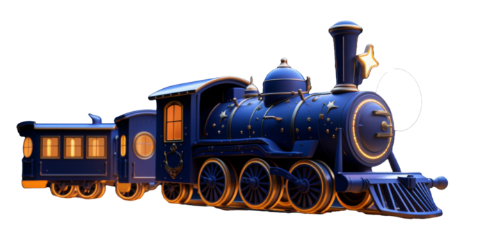 A whimsical, luminous train travels under a starry night sky, capturing a magical and nostalgic atmosphere.