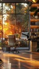 Modern workspace with a comfortable chair, organized desk, and large window overlooking a sunset, offering a serene and productive environment.