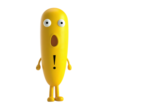 Yellow cartoon character with a surprised expression and an exclamation mark on its body stands against a white background.