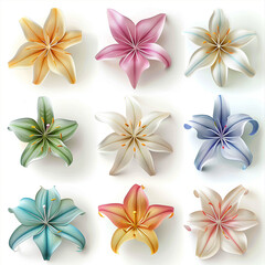 Fototapeta premium Set of colorful lily flower origami, white background, illustration style, flat design, 3D, isometric, pastel colors, high resolution, professional digital artwork, highly detailed