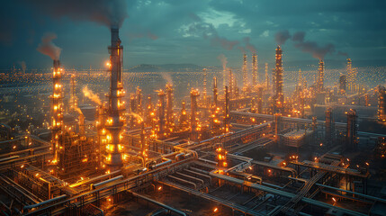 Fototapeta premium A photorealistic high-angle image capturing a sprawling industrial oil refinery at dusk, with hundreds of lights illuminating the facility and smoke rising from numerous chimneys.
