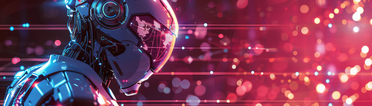 Cyber digital world robot looking out over futuristic landscape in a pink light with copy space. Template or banner for future digital technology, artificial intelligence automated. Generative ai.
