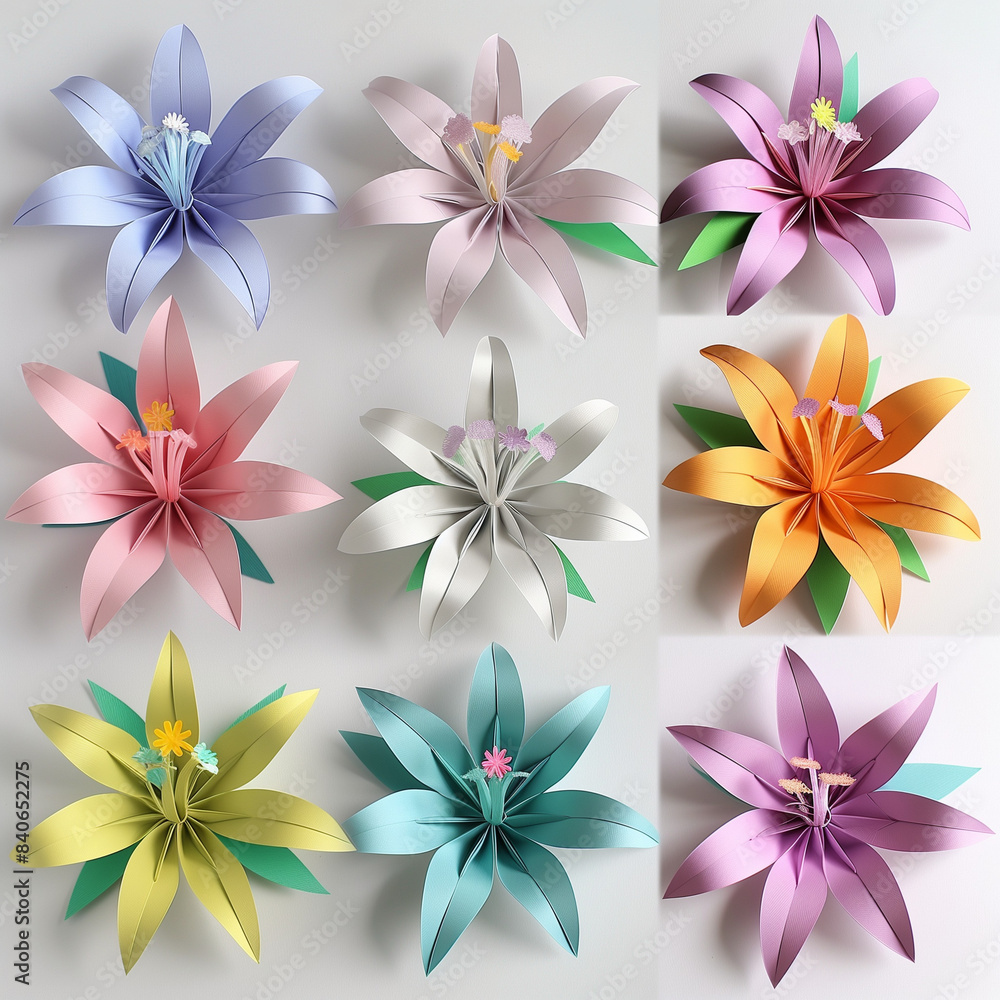 Poster 8 different colored paper lily flowers, cut out and arranged in an array on a white background in a 