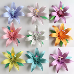 Obraz premium 8 different colored paper lily flowers, cut out and arranged in an array on a white background in a flat lay, symmetrical arrangement. The flowers are colorful with simple shapes and soft pastel color