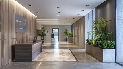 Fototapeta premium The sleek entrance of a contemporary office features a biometric access control system on the wall, providing secure and restricted entry