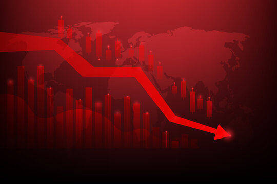 Drop down red arrow business market crisis on world map red dark background. Crisis economy and investment loss graph. vector illustration fantastic design.