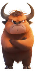 Animated cartoon of a grumpy bull with crossed arms, showcasing a humorous and intimidating...