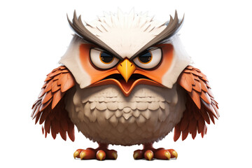 Cute yet fierce cartoon owl with an intense expression, colorful feathers, and sharp claws.