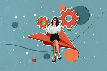 Creative image picture collage of business lady sit paper plane analyzing cog wheel settings