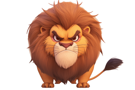 A fierce and determined cartoon lion with a large mane and an intense expression, standing against a plain background.