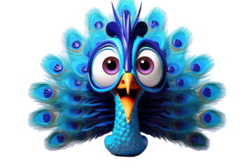 Colorful, animated blue peacock with large expressive eyes and vibrant feathers, showcasing its playful personality against a plain background.