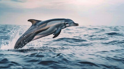 Fototapeta premium A playful dolphin jumping out of the water with a joyful expression, creating a splash as it returns to the ocean surface