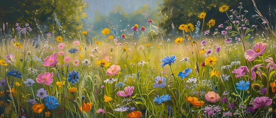Wildflower Meadow, Soft pastel painting of blooming wildflowers, Springtime Bliss ,Renaissance painting style