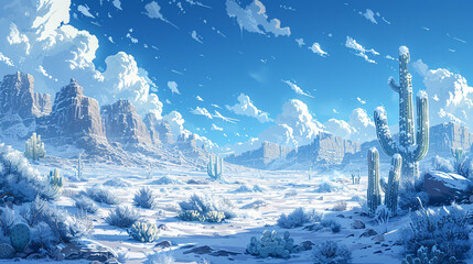 Frozen Mirage: Surreal Illustration of an Icy Desert Landscape with Frost-Covered Cacti and Frozen Sand Dunes under a Chilly Blue Sky
