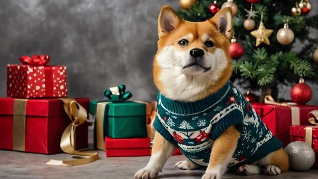 Akito inu dog in sweater, Christmas tree and gift boxes