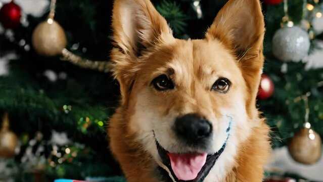 Akito inu dog in sweater, Christmas tree and gift boxes