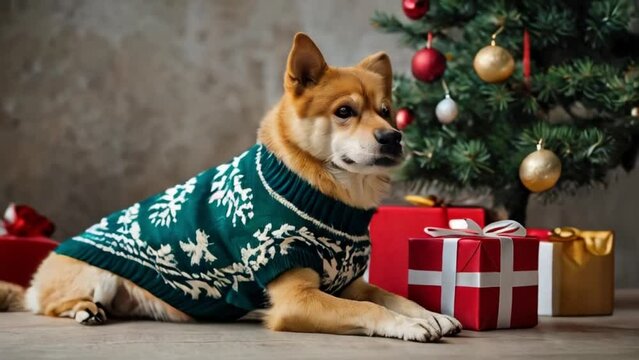 Akito inu dog in sweater, Christmas tree and gift boxes